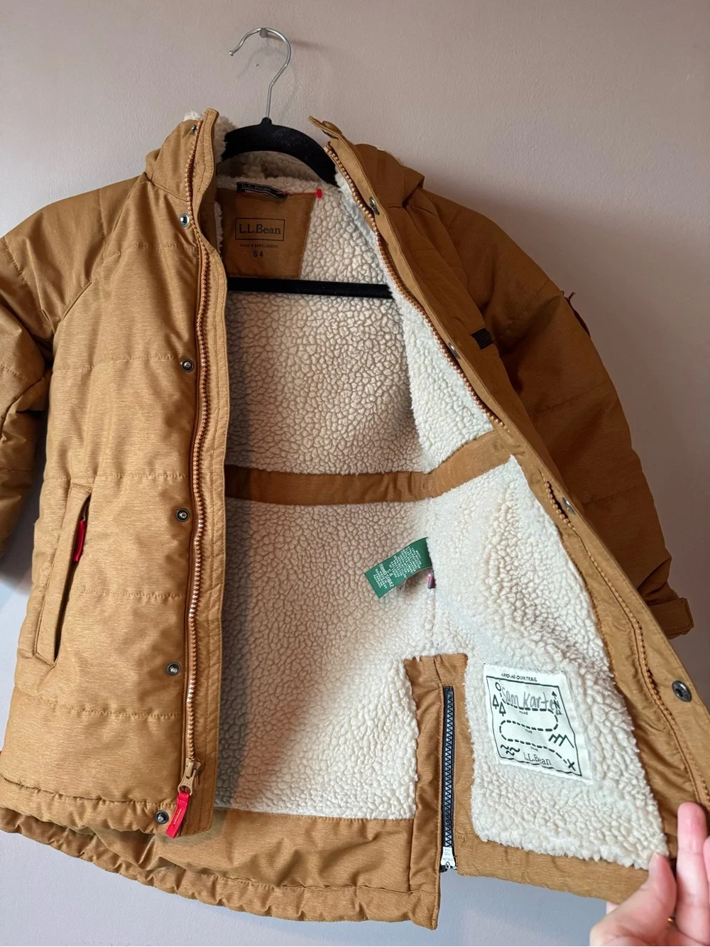 L.L. Bean Toddler Boy Tan Sherpa Fleece Lined Puffer Hooded Jacket Coat Size 4T